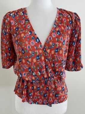 WAYF Orange Floral V-Neck Peplum Smocked Blouse Size M